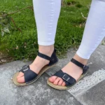 Navy blue open toe sandals barefoot (4)