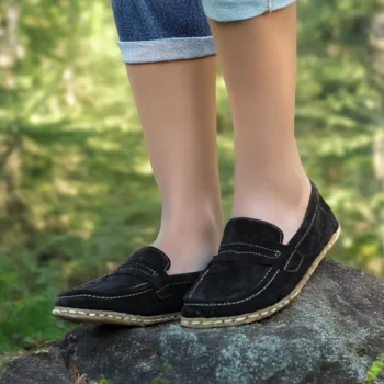 Women’s Penny Loafers Grounding Black Suede – Barefoot Comfort & Natural Energy