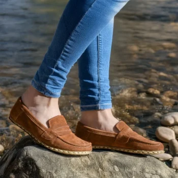 Women’s Brown Suede Barefoot Grounding Penny Loafers – minimalist barefoot shoes with grounding technology, wide toe box, zero-drop sole, and flexible suede design for natural walking comfort.